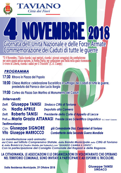 4 NOVEMBRE 2018 - Giornata dell'Unit&agrave; Nazionale e delle Forze Armate, ...