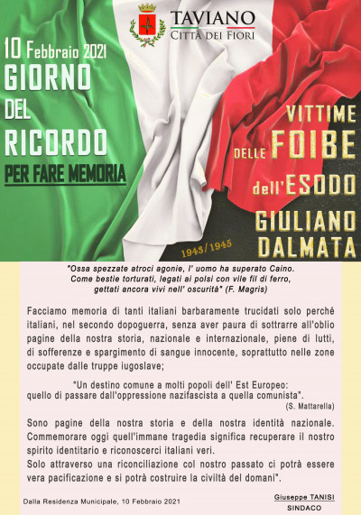 GIORNO DEL RICORDO -   Vittime delle Foibe e dell'Esodo Giuliano Dalmata
