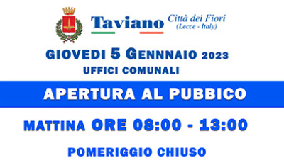 AVVISO APERTURA AL PUBBLICO UFFICI - Gioved&igrave; 5 Gennaio 2023