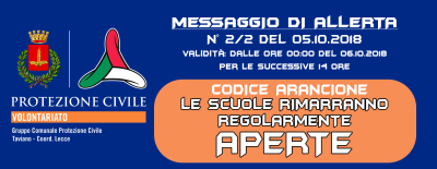 MESSAGGIO DI ALLERTA N&deg; 1/2 del 05.10.2018 